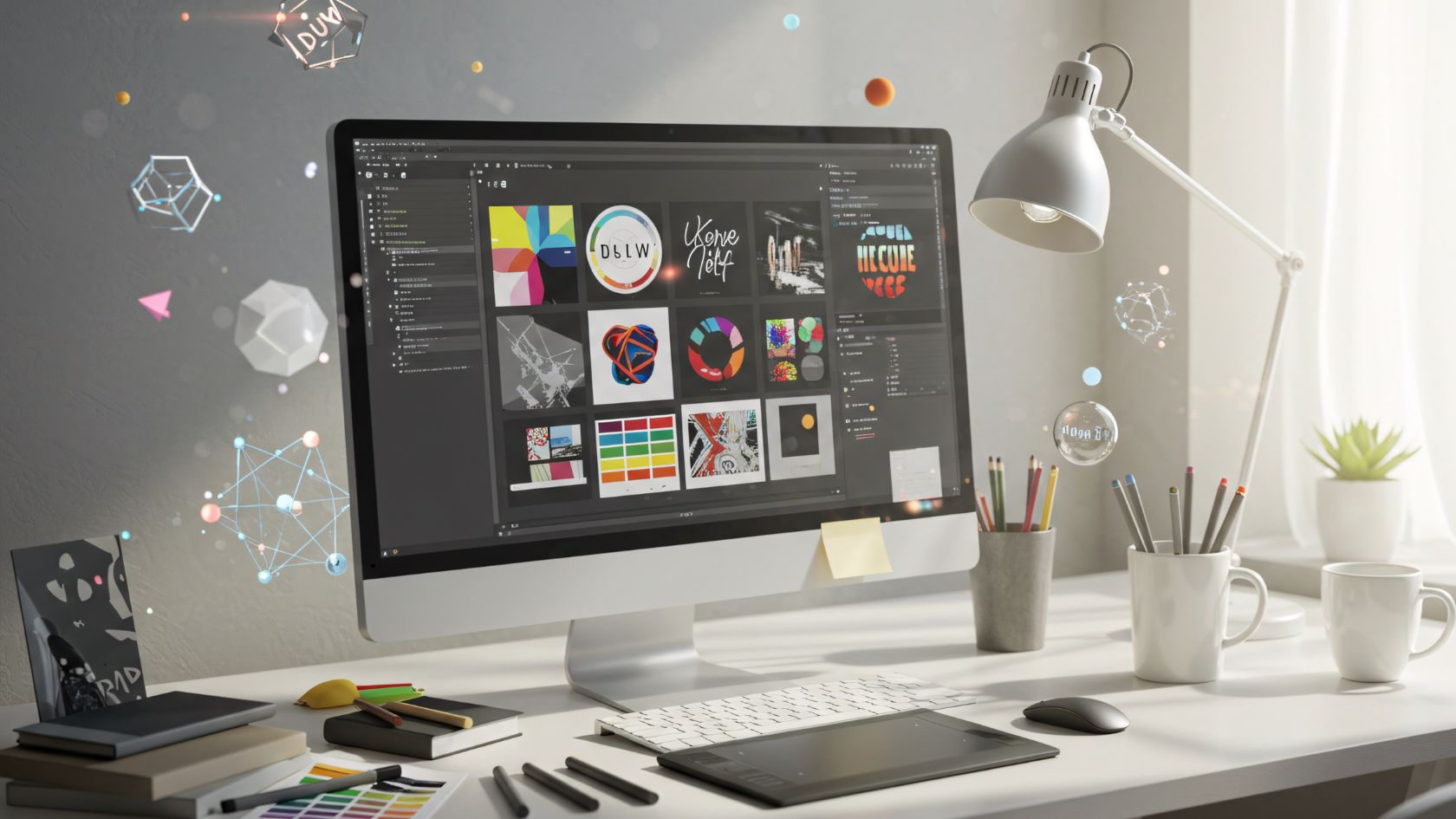 Modern creative agency workspace featuring a desktop computer displaying comprehensive brand identity assets, logo designs, and color palettes. Floating holographic elements symbolize digital innovation and marketing strategy execution by Chai Media.