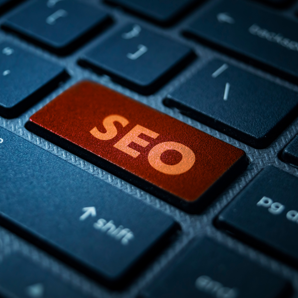 A Keyboard button showing SEO in organic search traffic and Google rankings and search engine rankings for a brand